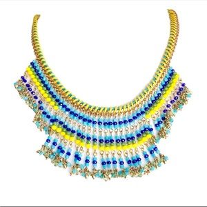 🆕 Lovely Gold Aqua Blue Yellow Beaded Zipper Fringe Bib Necklace NWT
